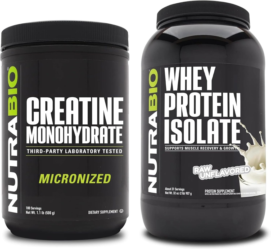 NutraBio Creatine Monohydrate, Unflavored, 500g και πρωτεΐνη Whey Isolate, Unflaved, συμπλήρωμα Bundle - μυϊκή ενέργεια, Lean μυϊκή ανάπτυξη, ανάκτηση, και δύναμη