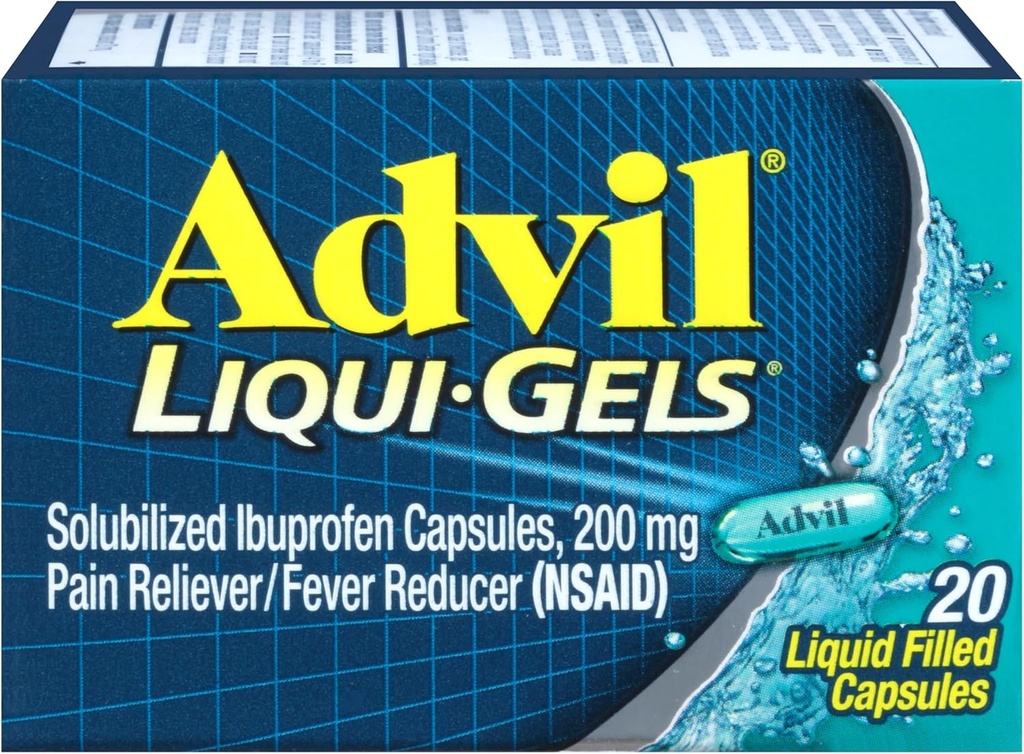 Advil Liqui-Gels Pain Reliever and Fever Reducer, Παυσίπονο για Ενήλικες με Ibuprofen 200mg για Πονοκέφαλο, Οσφυαλγία, Εμμηνορροϊκό Πόνος και Ανακουφιστικός Πόνου - 20 Υγρά Καψάκια Γεμάτα