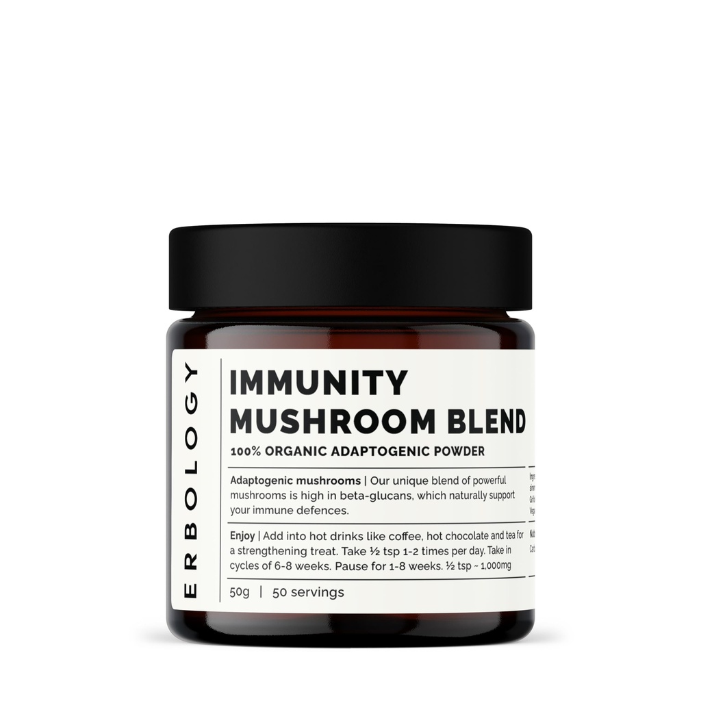 Erbology Organic Immunity Mushroom Complex 50 Servings - High in Beta-glucans - Reishi, Cordyceps, Lion's Mane, Turkey Tail - Sustainably Grown in Europe - Vegan - Non-GMO - No Added Fillers
