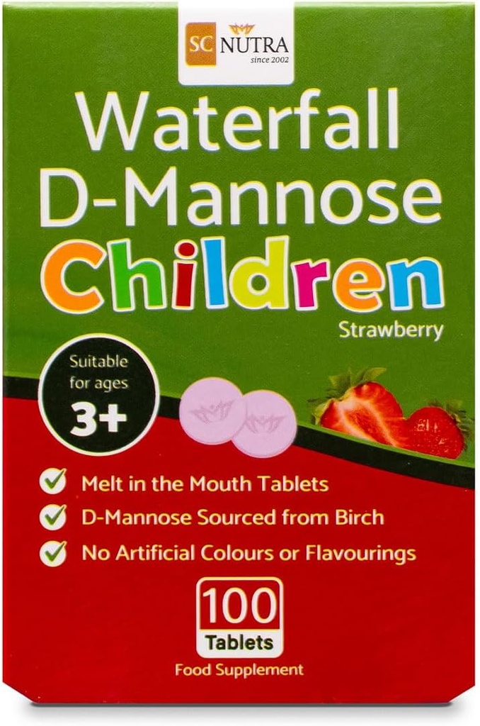 Waterfall D-Mannose Children Melt in the Mouth Tablets with a hint of Strawberry. Suitable for Boys & Girls, 3 Years + | 100 Count
