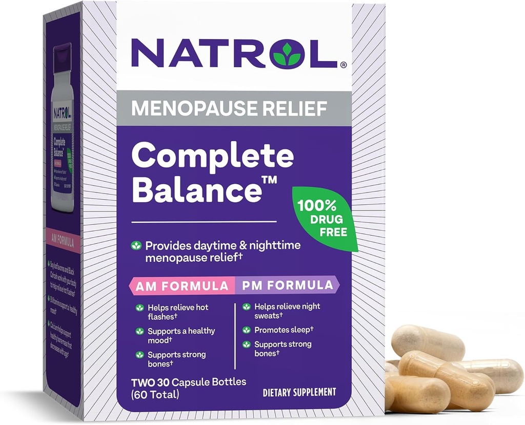 Natrol Πλήρης Ισορροπία, Συμπλήρωμα Διατροφής για Εμμηνόπαυση Ανακούφιση, Α.Μ./Π.Μ. Εμμηνόπαυση Ανακούφιση για Γυναίκες, 60 Κάψουλες, Μέχρι 30 Ημέρα προσφοράς