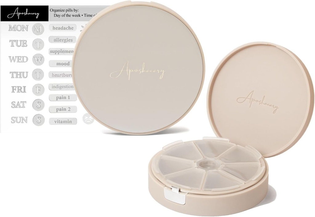 7 Διαμέρισμα υπόθεση χάπι, κουτί χάπι, Daily Pill Organizer, Travel Pill Organizer, Medication Organizer, Customizable Pill Dispenser με αυτοκόλλητα ετικέτας (Pearl Cream)