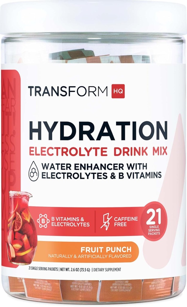 TransformHQ Hydration Drink Mix (21 πακέτα μονής χρήσης, Punch φρούτων) - Συμπλήρωμα ενυδάτωσης με βιταμίνες και ηλεκτρολύτες