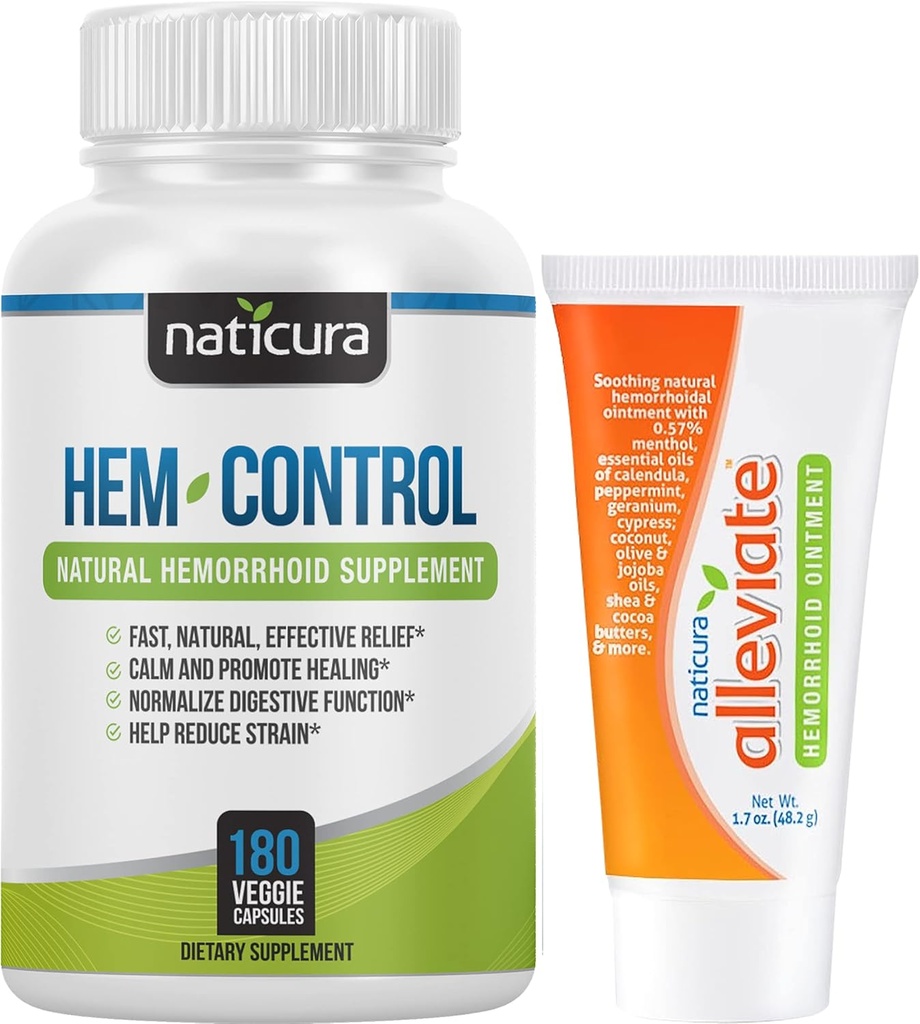 Bundle - Hem-Control Vegan Digestive Supplement Υποστήριξης (180 Count) και Alleviate Natural Hemorrhoid Relief Cream για καύση, φαγούρα και πρήξιμο (1,7 oz) Plus 2 Tubes Travel-Size