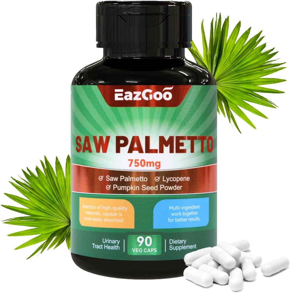 Saw Palmetto Supplement, Saw Palmetto Extract 750mg, με Lycopene, Pumpkin Seed Powder, για άνδρες και γυναίκες, Non-GMOs & Gluten, Vegan, 90 Count Caps