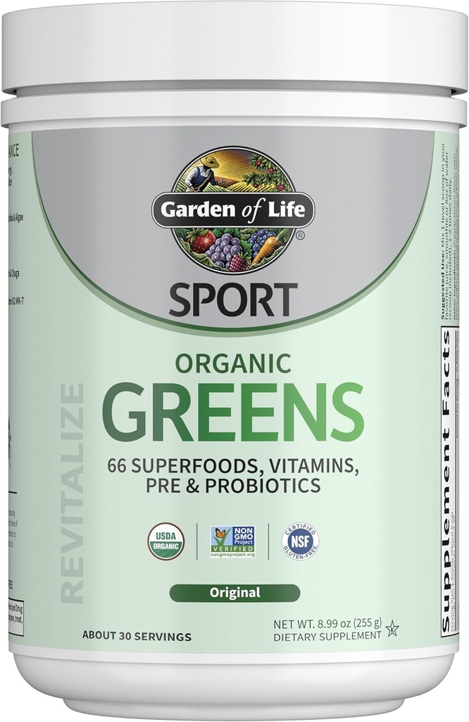 Garden of Life Sport Nutrition Greens and Superfoods Powder for Women and Men - Unflavored, Organic Blend - Spirulina, Fruit, Vitamins, Pre & Probiotics, Mushrooms, Athletic Supplements, 30 Servings