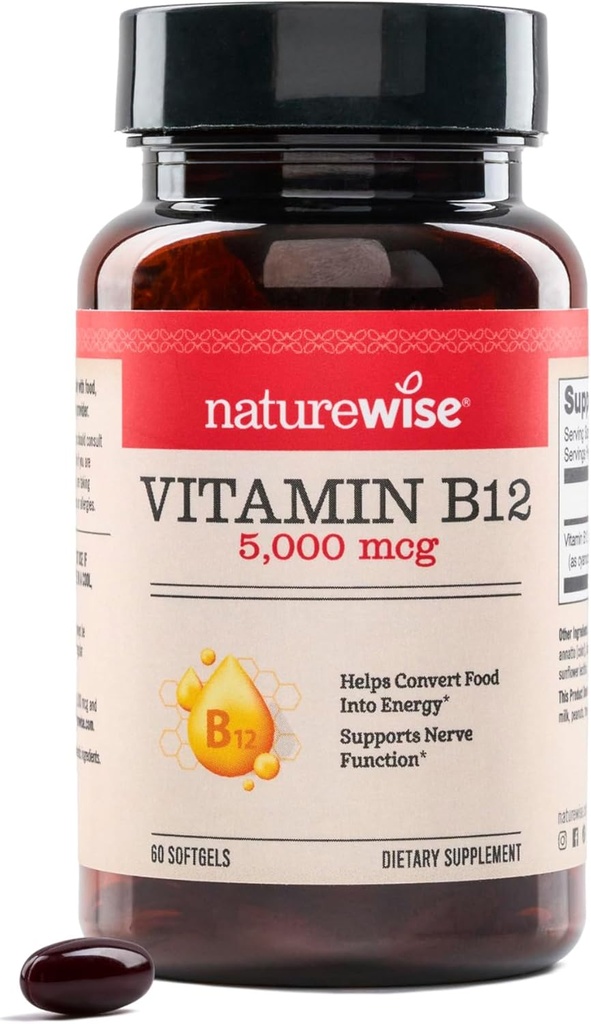 NatureWise Vitamin B12 5000 mcg - Επιπλέον δύναμη - συμπλήρωμα για την υποστήριξη των επιπέδων ενέργειας, ψυχική σαφήνεια, υγεία του νευρικού συστήματος - Easy-to-Swallow, σόγια και χωρίς γλουτένη, μη GMO - 60 Softgels