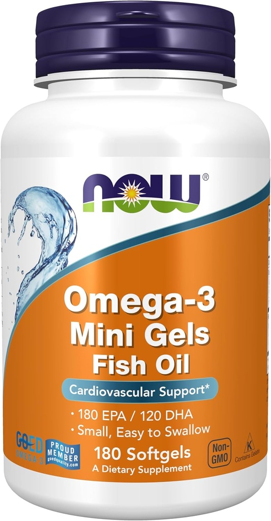 NOW Supplements, Omega-3 Mini Gels, 180 EPA/120 DHA, Molecularly Distilled, Cardiovascular Support*, 180 Softgels