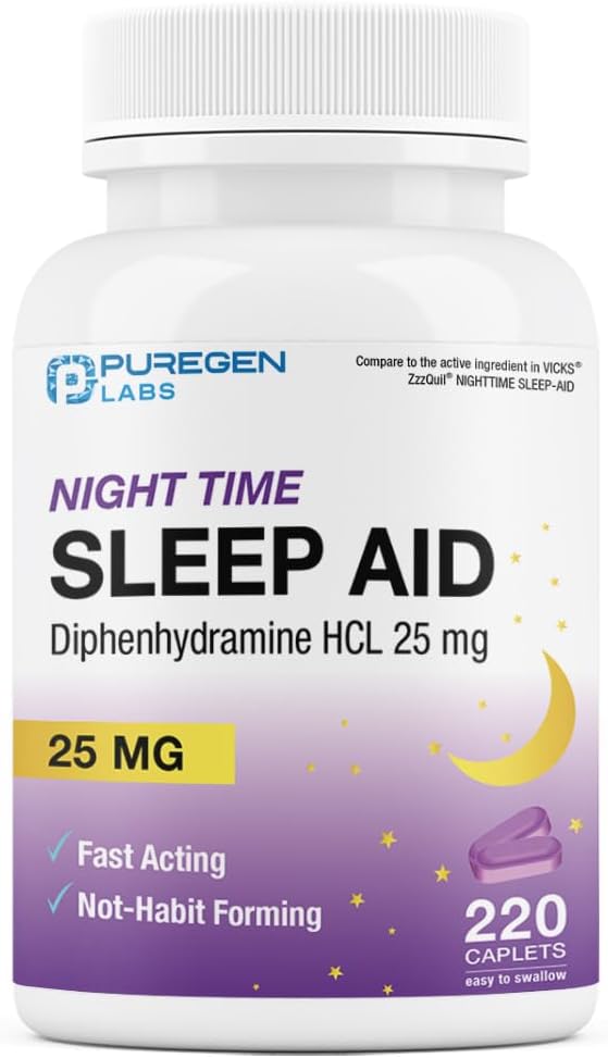 Puregen Labs Sleep Aid Caplets, Diphenhydramine HCl 25mg - 220 Count 