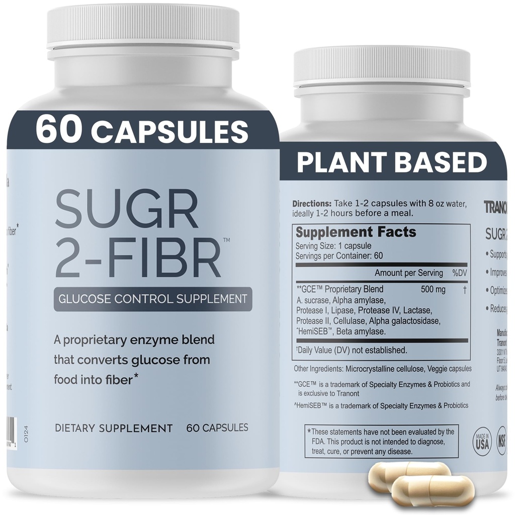 OPTIVIDA Sugr-2-Fibr - Natural Blood Sugar Support Supplement with Enzyme Technology - Glucose Support Supplement - Sugar to Fiber for Gut & Energy Levels - Blood Sugar Supplement - 60 Vegan Capsules