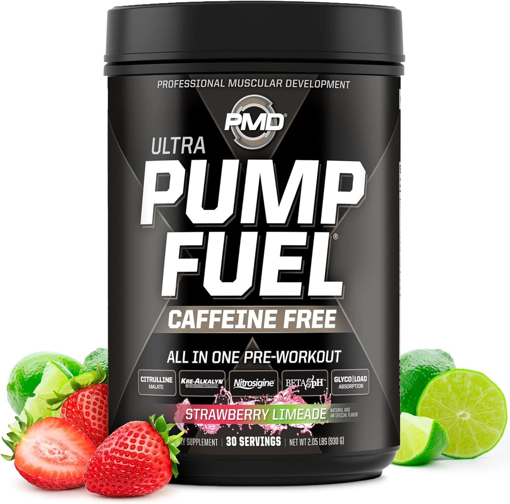 PMD Sports Pump Fuel Ultra Caffeine Free - Premium Pre Workout Powder & Muscle Pump, Greater Focus, Endurance & Recovery, Premium Creatine, Arginine & Beta Alanine - Strawberry Limeade (30 Servings)
