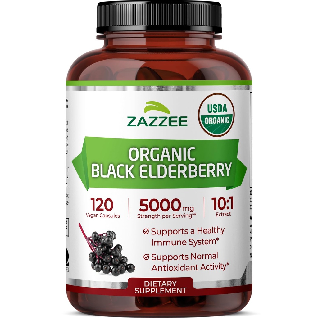 Zazzee USDA Organic Black Elderberry 10:1 Extract, 5000 mg Δύναμη, 120 κάψουλες Vegan, 2 μήνες προσφοράς, Standardized, συμπυκνωμένο εκχύλισμα 10X, 100% χορτοφαγικά, όλα φυσικά, μη-GMO, Made in The USA