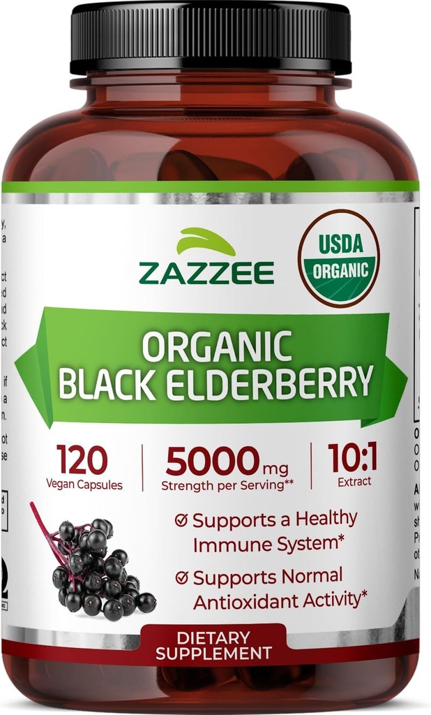 Zazzee USDA Organic Black Elderberry 10:1 Extract, 5000 mg Strength, 120 Vegan Capsules, 2 Month Supply, Standardized, Concentrated 10X Extract, 100% Vegetarian, All-Natural, Non-GMO, Made in The USA