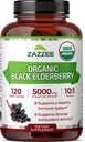 Zazzee USDA Organic Black Elderberry 10:1 Extract, 5000 mg Δύναμη, 120 κάψουλες Vegan, 2 μήνες προσφοράς, Standardized, συμπυκνωμένο εκχύλισμα 10X, 100% χορτοφαγικά, όλα φυσικά, μη-GMO, Made in The USA