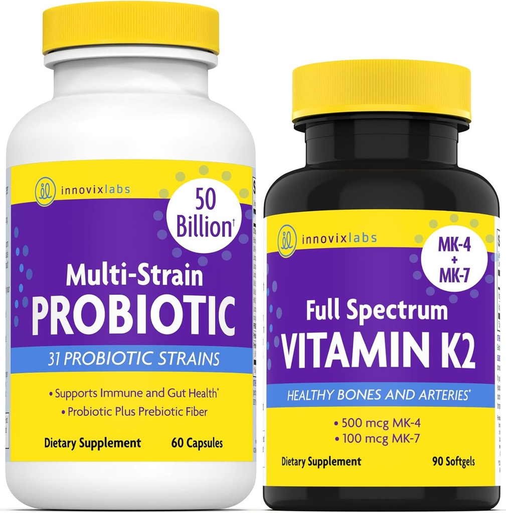 InnovixLabs Βιταμίνη K2 & Probiotic Bundle Full Spectrum Vitamin K2 (90 κάψουλες Softgel) Πολυ- Στραγγιστικό Προβιοτικό (60 κάψουλες Time-Release). Υποστηρίζει κόκκαλα, ανοσοποιητικό και υγιή κόκκαλο. *