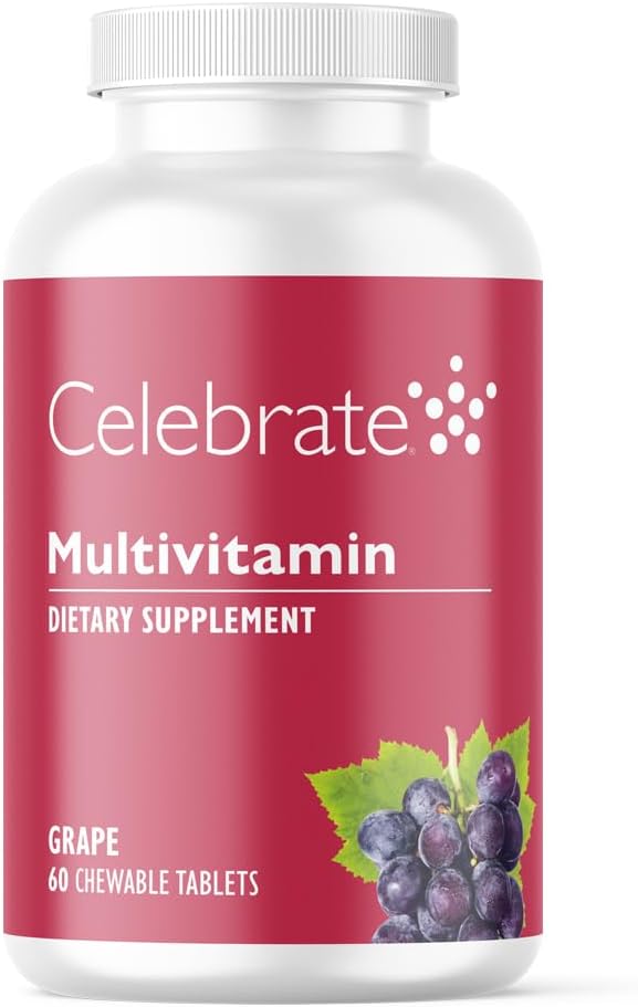 Celebrate Vitamins Bariatric Multivitamin Chewable, Iron Free - Post Gastric Bypass & Sleeve Gastrectomy Supplement for Men & Women - Essential Minerals & Vitamin A, B, D & E - Grape (60 Tablets)