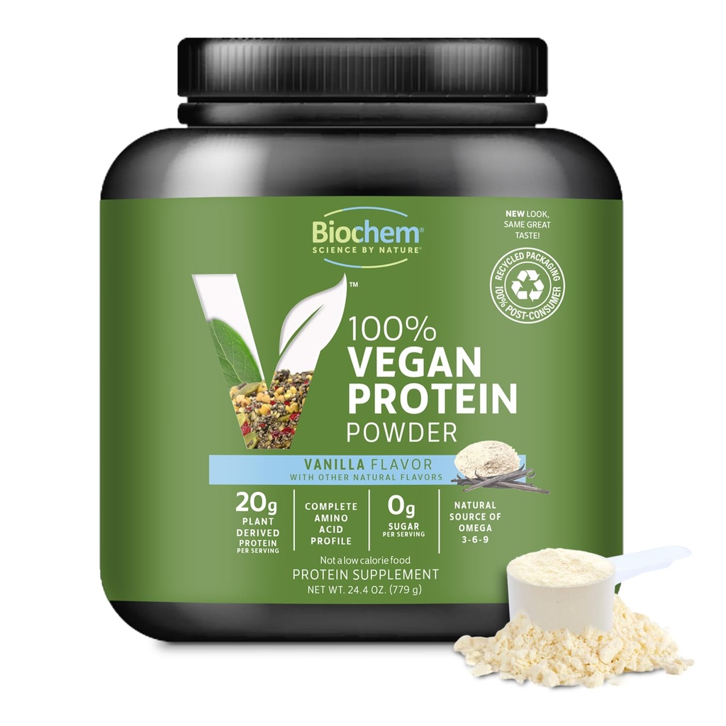 Biochem Vegan Protein Powder, 20g Pure Plant Based Protein per Serving, Organic Pea, Hemp & Cranberry, Χωρίς σόγια, Χωρίς γλουτένη, Βανίλια, 1,5 lb