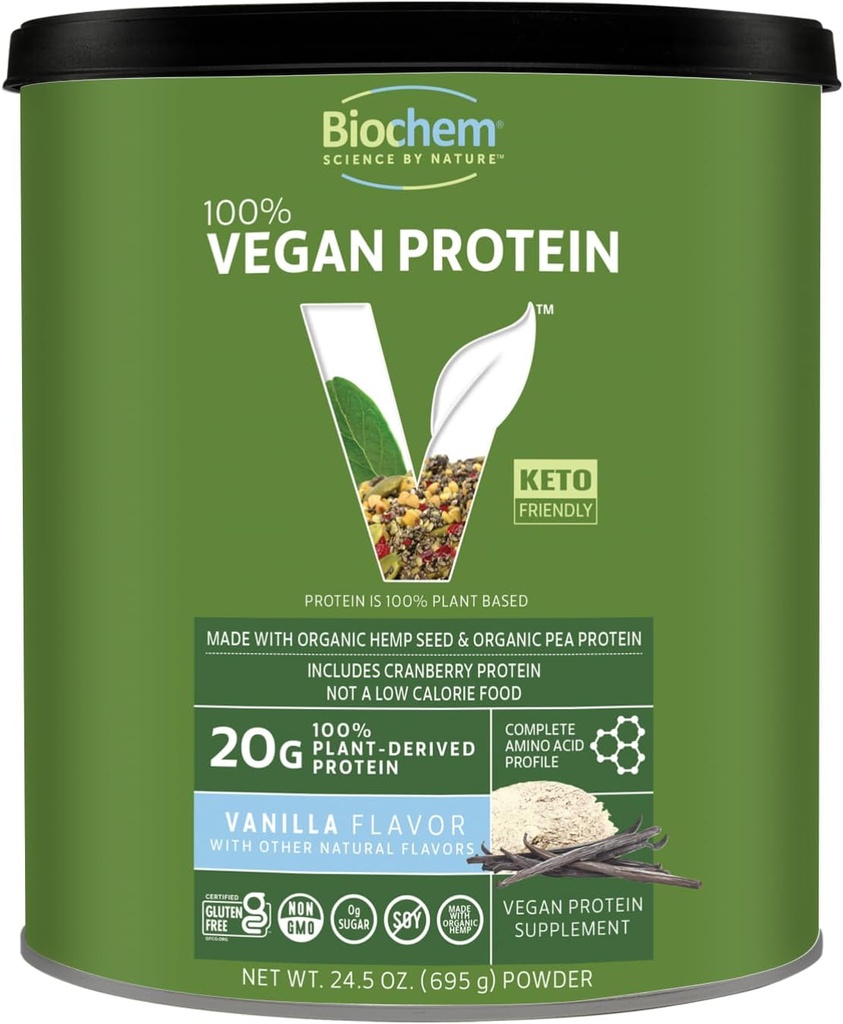 Biochem Vegan Protein Powder, 20g Pure Plant Based Protein per Serving, Organic Pea, Hemp & Cranberry, Χωρίς σόγια, Χωρίς γλουτένη, Βανίλια, 1,5 lb
