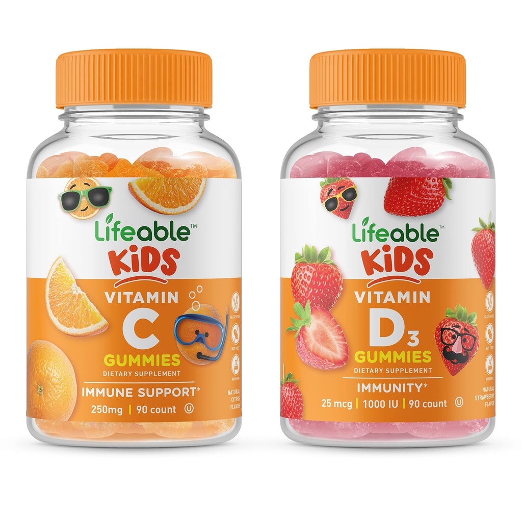 Ζωηρή βιταμίνη D παιδιά + παιδιά βιταμίνης C, Gummies Bundle - μεγάλη γεύση, συμπλήρωμα βιταμίνης, χωρίς γλουτένη, χωρίς γλουτένη, χωρίς γλουτένη, μασώμενη κοιλιά