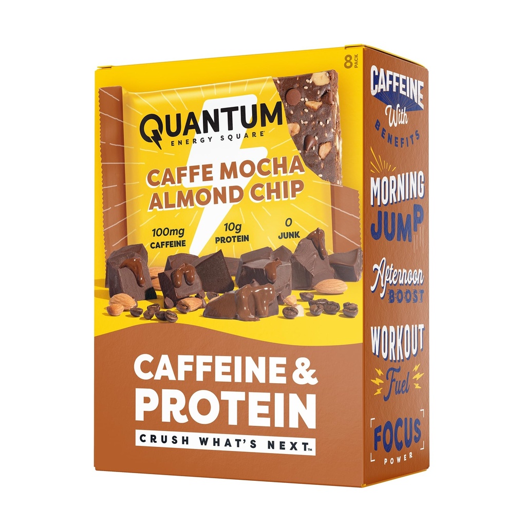 Quantum Energy Square: Energy Bar με καφεΐνη & 10g πρωτεΐνη. Νόστιμο υγιεινό σνακ On The Go. (Βέγκαν, χωρίς γλουτένη, χωρίς σόγια, χωρίς γαλακτοκομικά) (Caffe Mocha Almond Chip)