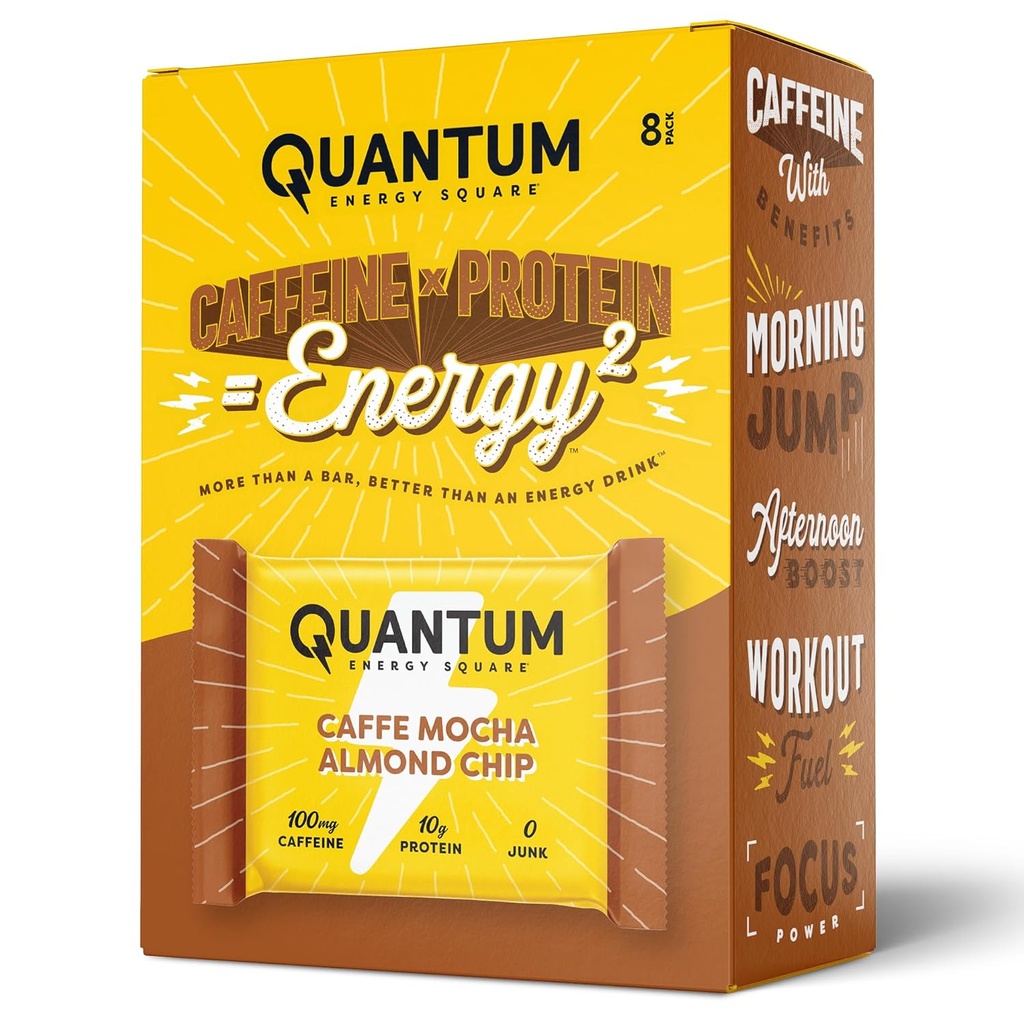 Quantum Energy Square: Energy Bar με καφεΐνη & 10g πρωτεΐνη. Νόστιμο υγιεινό σνακ On The Go. (Βέγκαν, χωρίς γλουτένη, χωρίς σόγια, χωρίς γαλακτοκομικά) (Caffe Mocha Almond Chip)