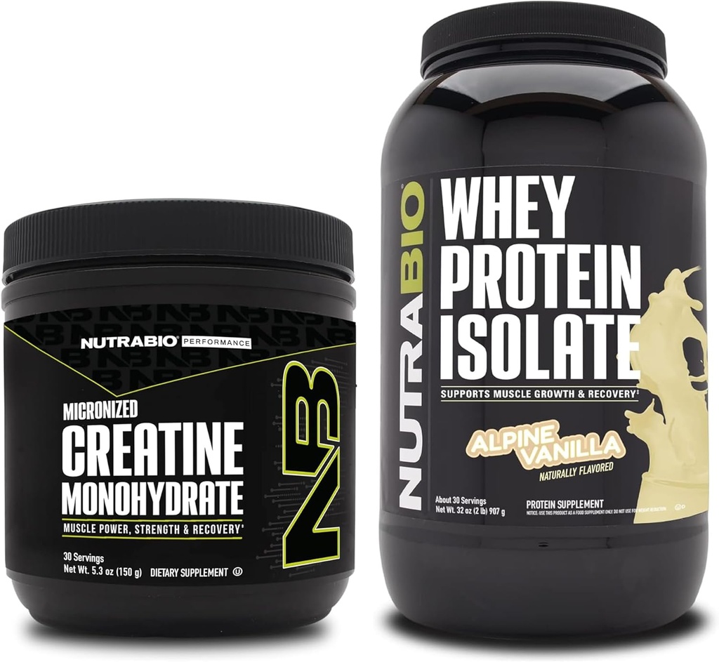 NutraBio Creatine Monohydrate, Unflavored, 150g και Whey Protein Isolate, Alpine Vanilla, συμπλήρωμα Bundle - μυϊκή ενέργεια, Lean μυϊκή ανάπτυξη, ανάκτηση, και δύναμη