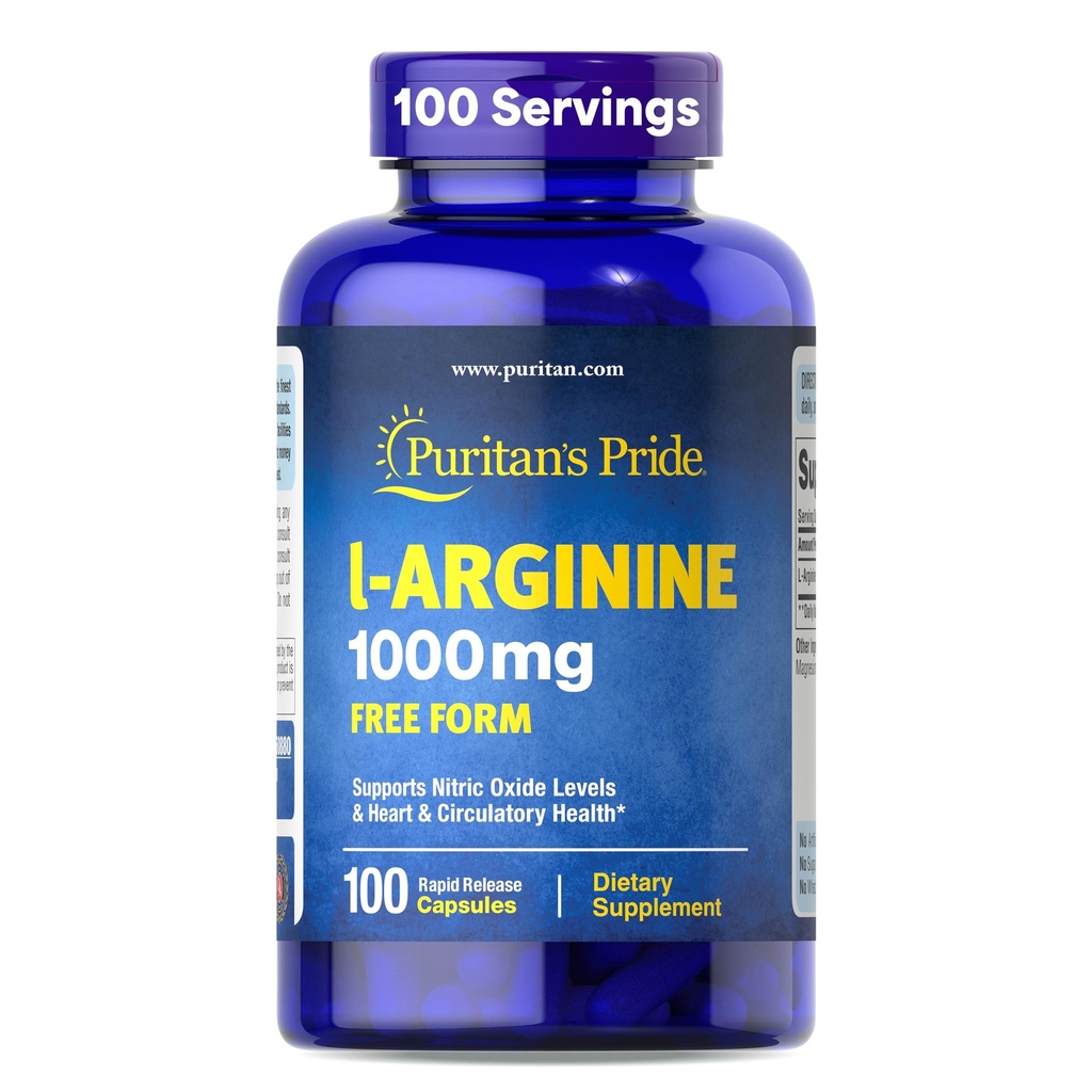 Puritan's Pride L-Arinine 1000mg, Dietary Supplement Supports Nitric Oxide Levels and Heart and Circulatory Heath, 100 Day Supply, 100 Tablets