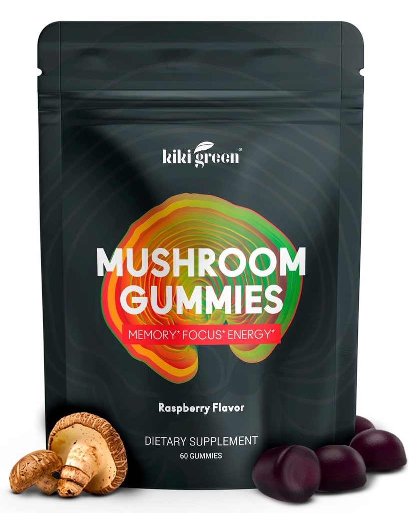 KIKI Green Mushroom Gummies with Lion's Mane and 9 Adaptogen Superfoods Blend - Chaga, Red Reishi, Cordyceps, Shiitake, Black Fungus 