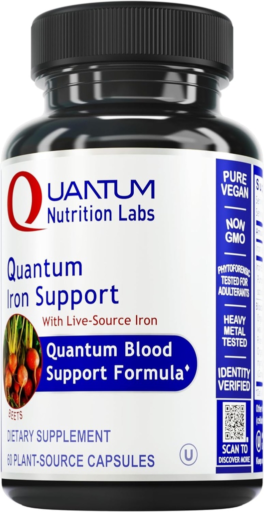 Quantum Nutrition Labs Iron Support - Συμπλήρωμα σιδήρου για γυναίκες και άνδρες, Vegan Iron Συμπληρώματα, Χαμηλή Δόση Απαλό Σιδήρο, Φυσικά πηγάζει για την υποστήριξη Υγιεινού Αίματος - 60 κάψουλες χορτοφάγων