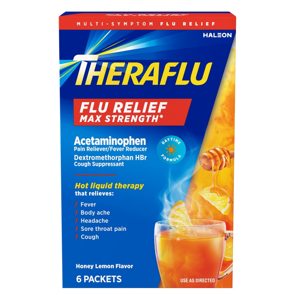 Theraflu Max Strength Day Flu Medicine for Flu Symptom Relief with Acetaminophen and Dextromethorphan HBr, Honey Lemon Flavored - 6 συσκευασίες σκόνης