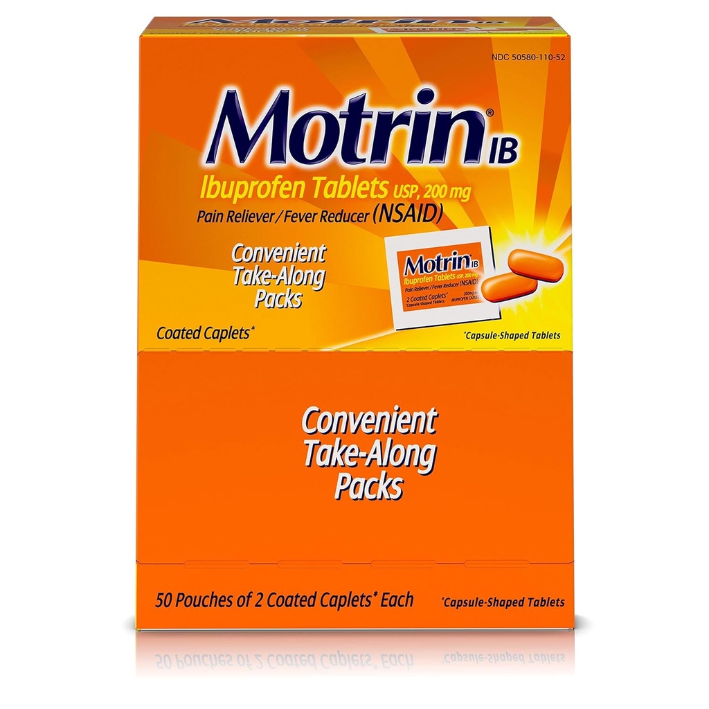 Motrin IB - δισκία Ibuprofen, δύο δισκία ανά συσκευασία, 50 συσκευασίες συνολικά, ένα κουτί