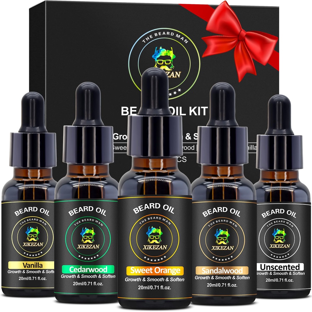 XIKEZAN 5 Pack Beard Oil Set w/Sandalwood, Πορτοκαλί, Βανίλια, Cedarwood, Αρωματισμένο για την φροντίδα των γεννητριών, Ενυδατικό, Μαλακό, Δώρα Birthday για τους άνδρες