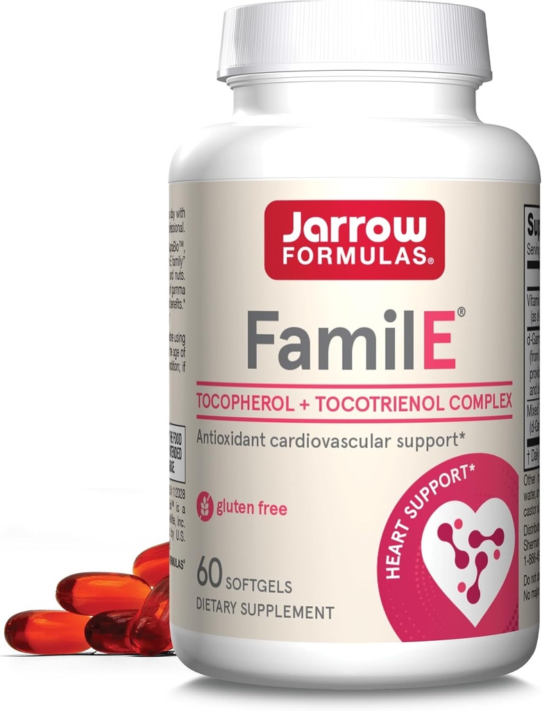 Jarrow Formulas Famil-E - Προάγει την Καρδιά & Καρδιαγγειακή Υγεία - Περιέχει Όλα τα Οκτώ Μέλη της Οικογένειας Βιταμίνης Ε - Πλούσια σε τοκοφερόλη Γάμμα & τοκοτριενόλες - 60 Softgels