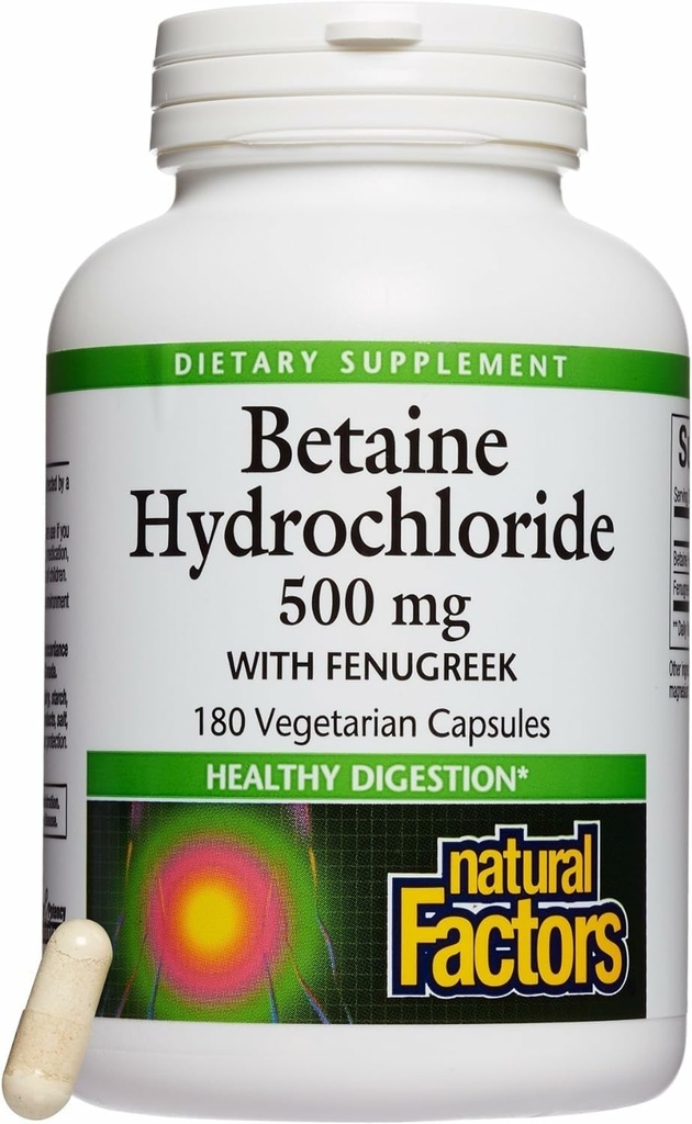 Natural Factors, Betaine HCL 500 mg, Supports Healthy Digestion and a Healthy Microbiome, 180 capsules (180 servings)