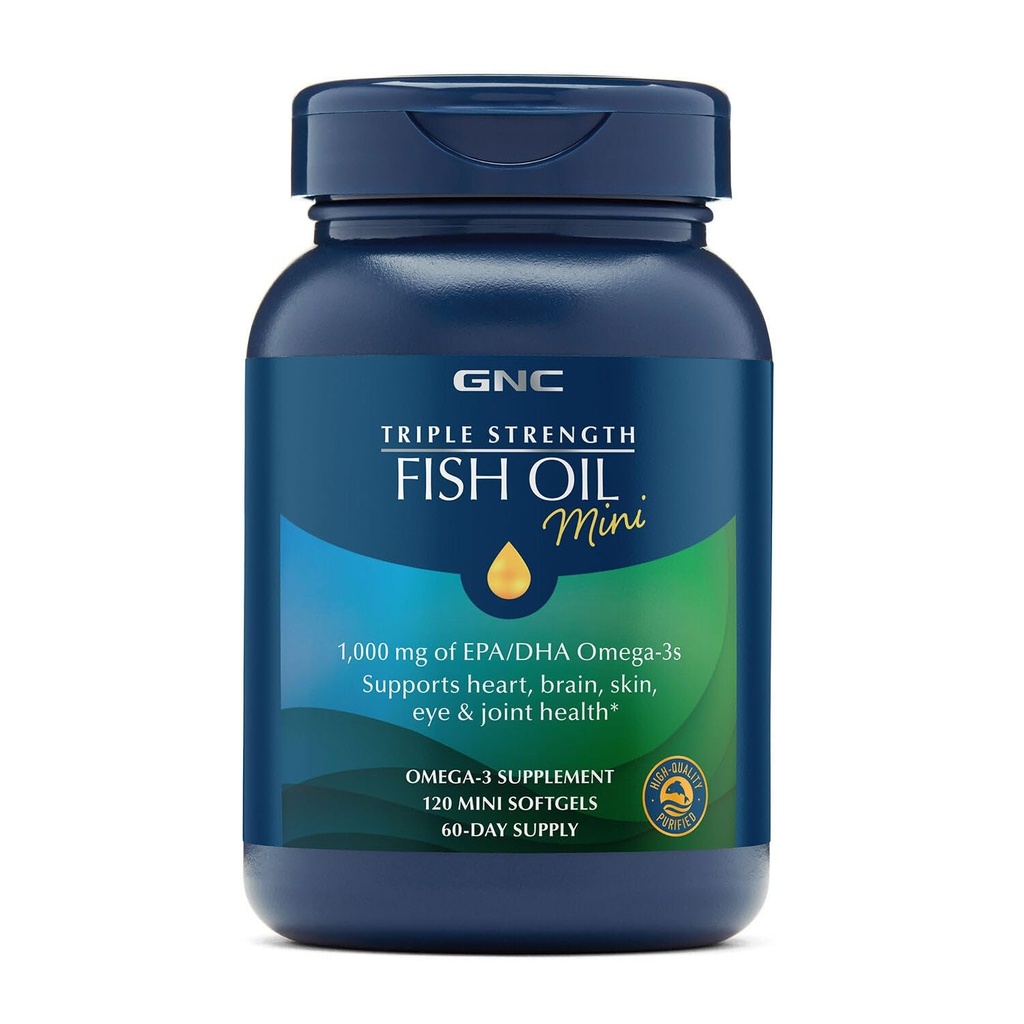GNC τριπλή δύναμη ιχθυέλαιο Mini Omega 3 συμπλήρωμα, 1000mg EPA και DHA, υποστηρίζει την καρδιά, τον εγκέφαλο, το δέρμα, τα μάτια και κοινή υγεία, 120 Mini Softgels