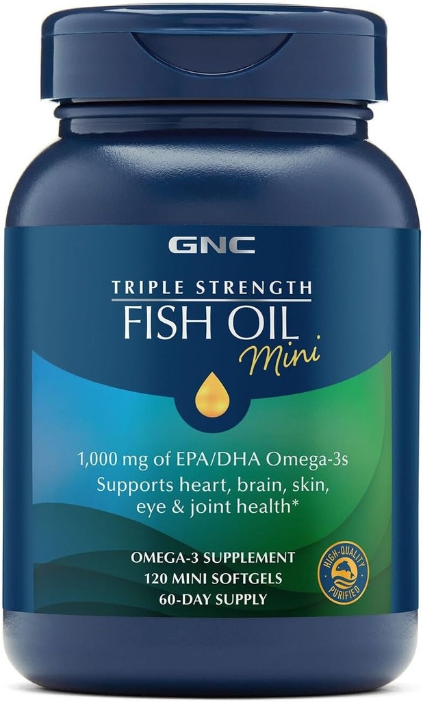 GNC τριπλή δύναμη ιχθυέλαιο Mini Omega 3 συμπλήρωμα, 1000mg EPA και DHA, υποστηρίζει την καρδιά, τον εγκέφαλο, το δέρμα, τα μάτια και κοινή υγεία, 120 Mini Softgels