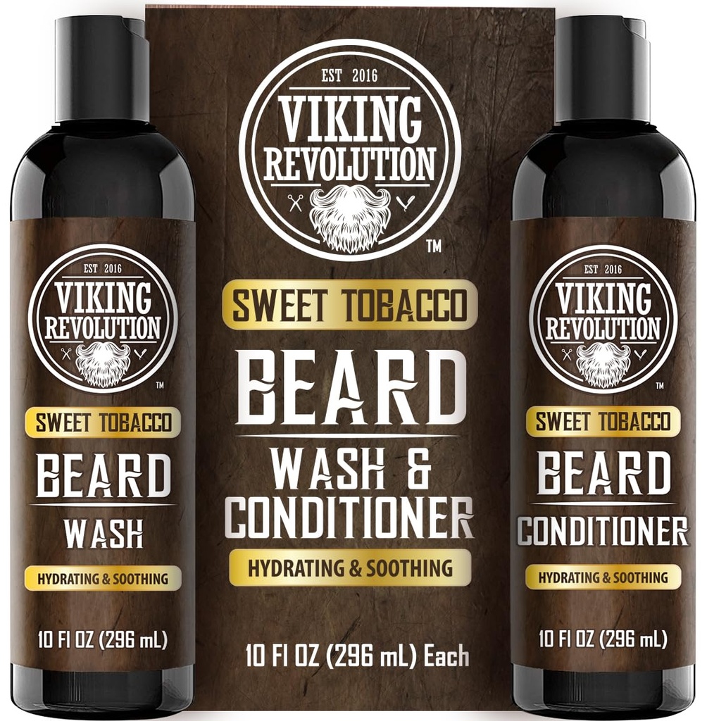 Viking Revolution Beard Wash and Beard Conditioner for Men with Argan Oil and Jojoba Oil - Beard Αποσκληρυντής και ενισχυτής Beard Care Σαμπουάν και Conditioner με Beard Oil (10oz, Sweet Tobacco)