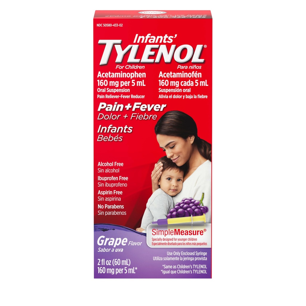 Infants' Tylenol Oral Suspension, Acetaminophen, Grape, 2 fl. oz | Liquid Pain Relief & Fever Medicine, Sore Throat, Headache & Teething, Pain Reliever & Fever Reducer for Kids