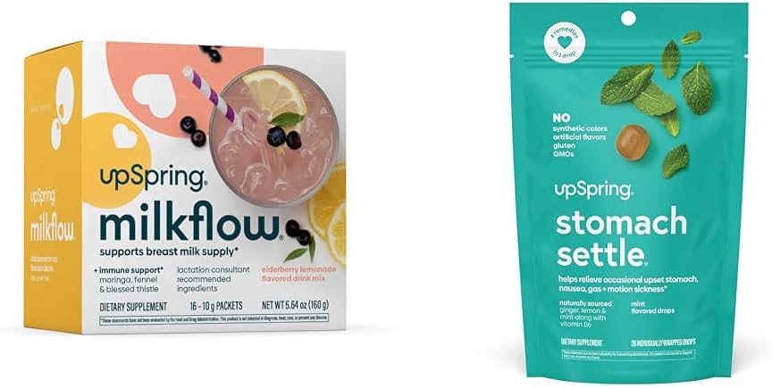 UpSpring Στομάχι Settle Drops, Mint Flavour, 28 Ct+Milkflow Θηλασμός συμπλήρωμα ποτό Μίγμα με Moringa & Ευλογημένο Thistle, Όχι Fenugreek 