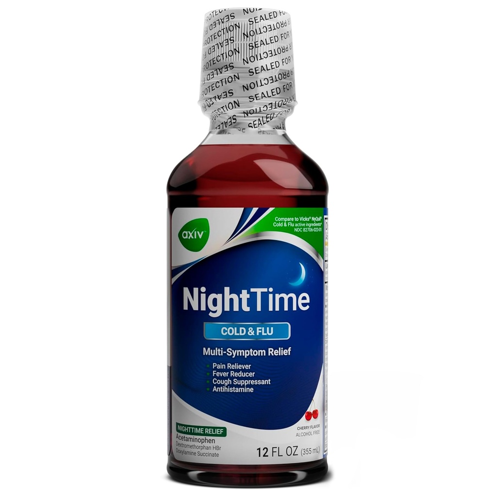 AXIV Nighttime Ψυχρή και Flu Relief Liquid Medicine, Nighttime Formula, Multi-Symptom Reliver, Pain Reliever, Fever Reducer, Cough Suppressant, Cherry Flavor, 12 fl. oz.