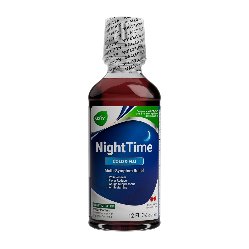 AXIV Nighttime Ψυχρή και Flu Relief Liquid Medicine, Nighttime Formula, Multi-Symptom Reliver, Pain Reliever, Fever Reducer, Cough Suppressant, Cherry Flavor, 12 fl. oz.