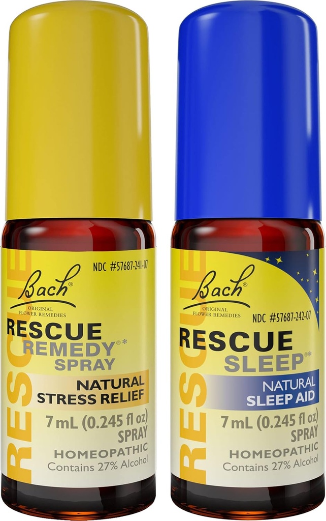 Μέρα & νύχτα Bach RESCUE REMEDY Spray, Φυσικό άγχος ανακούφιση [και] RESCUE SLEEP Spray, Φυσική βοήθεια ύπνου - 2-Pk, Ομοιοπαθητική απόσταξη λουλουδιών, Vegan, 7mL Ea