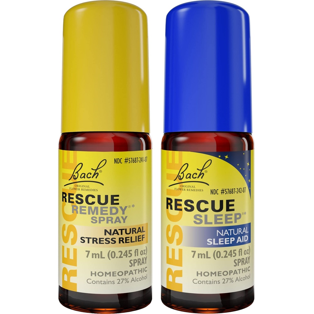 Μέρα & νύχτα Bach RESCUE REMEDY Spray, Φυσικό άγχος ανακούφιση [και] RESCUE SLEEP Spray, Φυσική βοήθεια ύπνου - 2-Pk, Ομοιοπαθητική απόσταξη λουλουδιών, Vegan, 7mL Ea