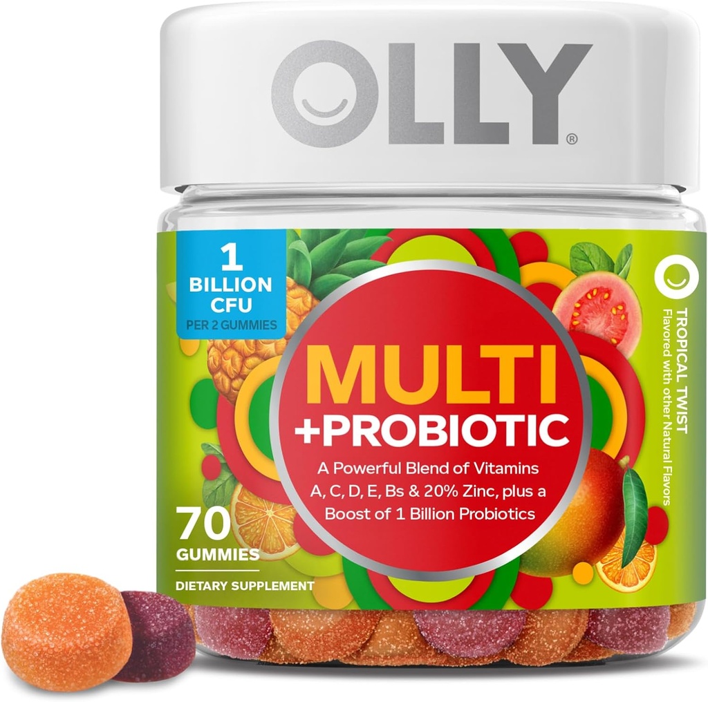 OLLY Multi + Probiotic Adult Multivitamin Gummy, 1 Billion CFUs, Digestive and Immune Support Chewable Supplement, Tropical Twist, 35 Day Supply - 70 Count