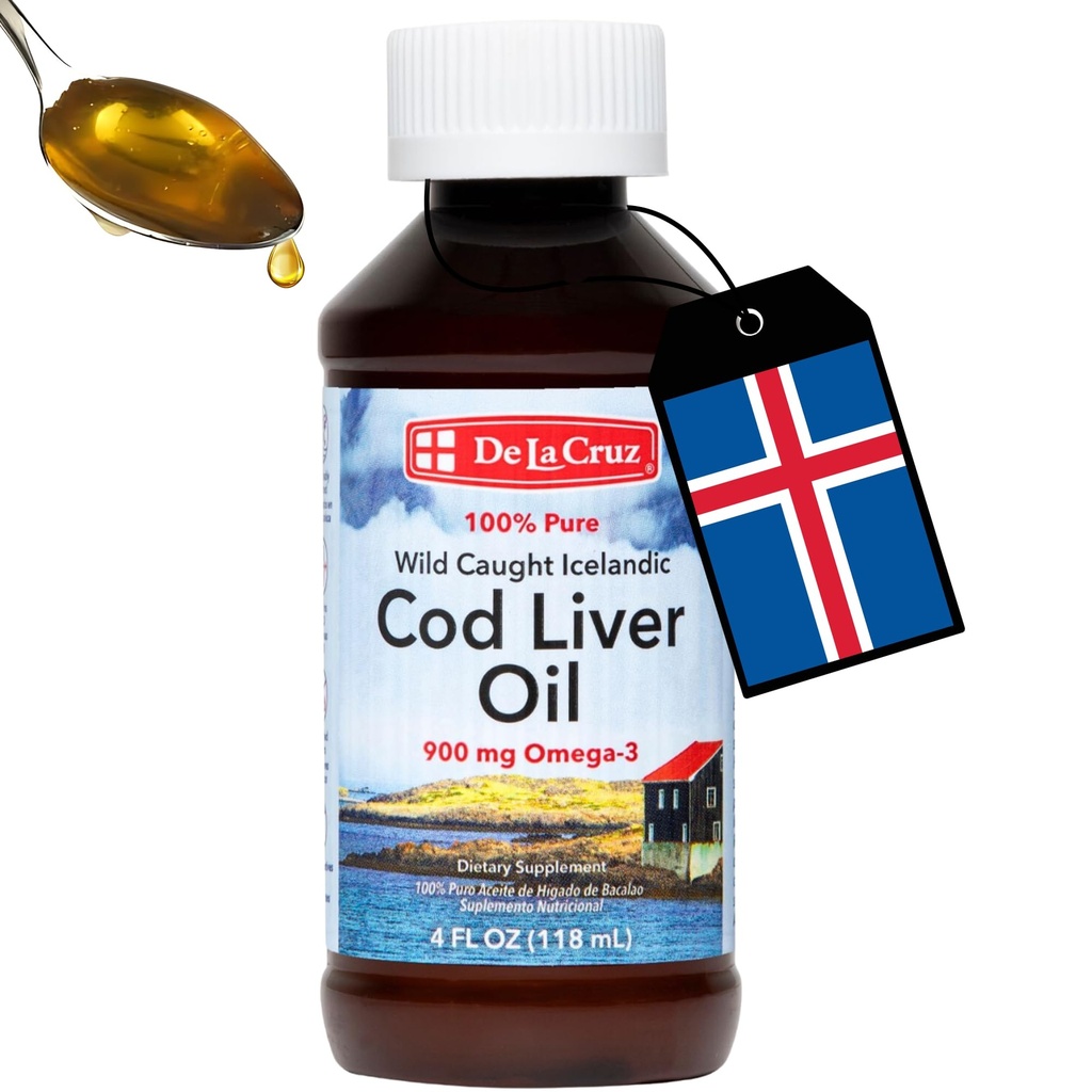 De La Cruz Cod Liquid Liver Oil - Pure Wild-Caught Ισλανδικό ιχθυέλαιο 4 FL OZ (118 mL)