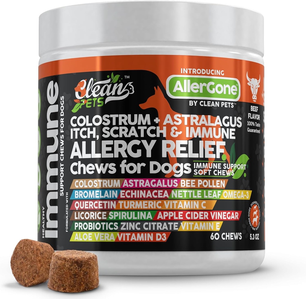 Dog Allergy Relief Chews | Itchy Skin Relief for Dogs | Colostrum Astralagus Omega 3 Bee Pollen Bromelain Echinacea Nettle Leaf Quercetin Licorice Root Spirulina ACV Immune - Pack of 1