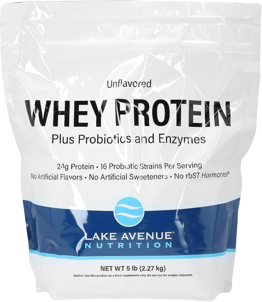 Lake Avenue Nutrition Whey Protein Plus Προβιοτικά και Ένζυμα, Άγευστα, 5 lb (2,27 kg)