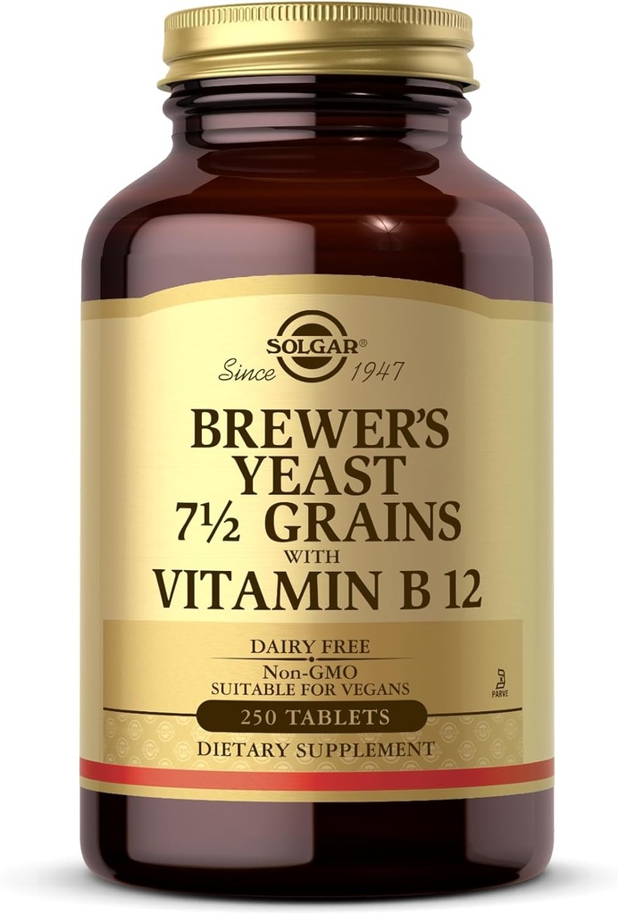 Solgar Brewer's Yeast 7 ½ Grains with Vitamin B12 - 250 Tablets - Non-GMO, Vegan, Dairy Free, Kosher - 41 Servings