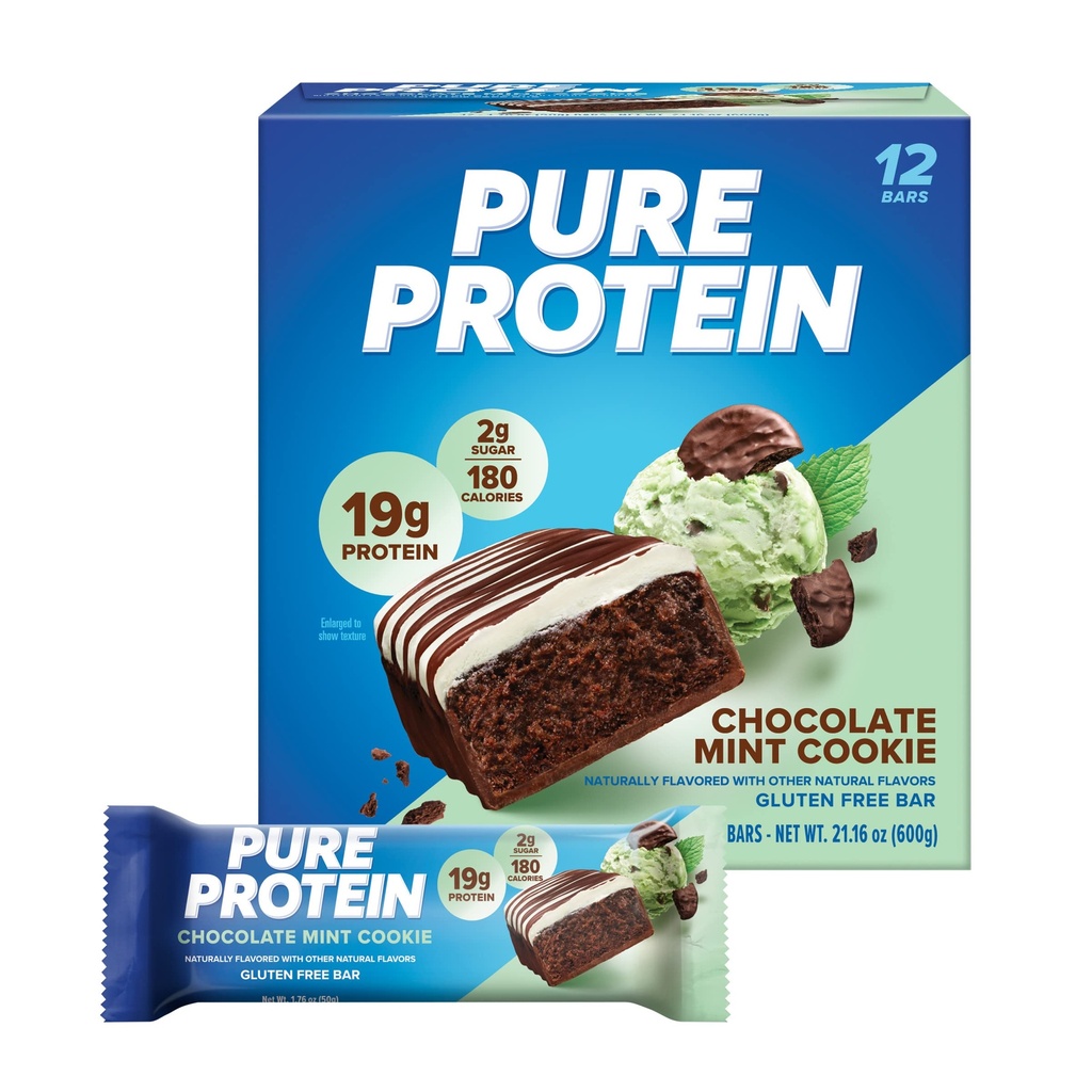 Pure Protein Chocolate Mint Cookie Protein Bars – 20g Protein, 3g Sugar, 190 Calories (12 count) Low Sugar* High Protein Snack - Gluten Free - Perfect for a Healthy Snack