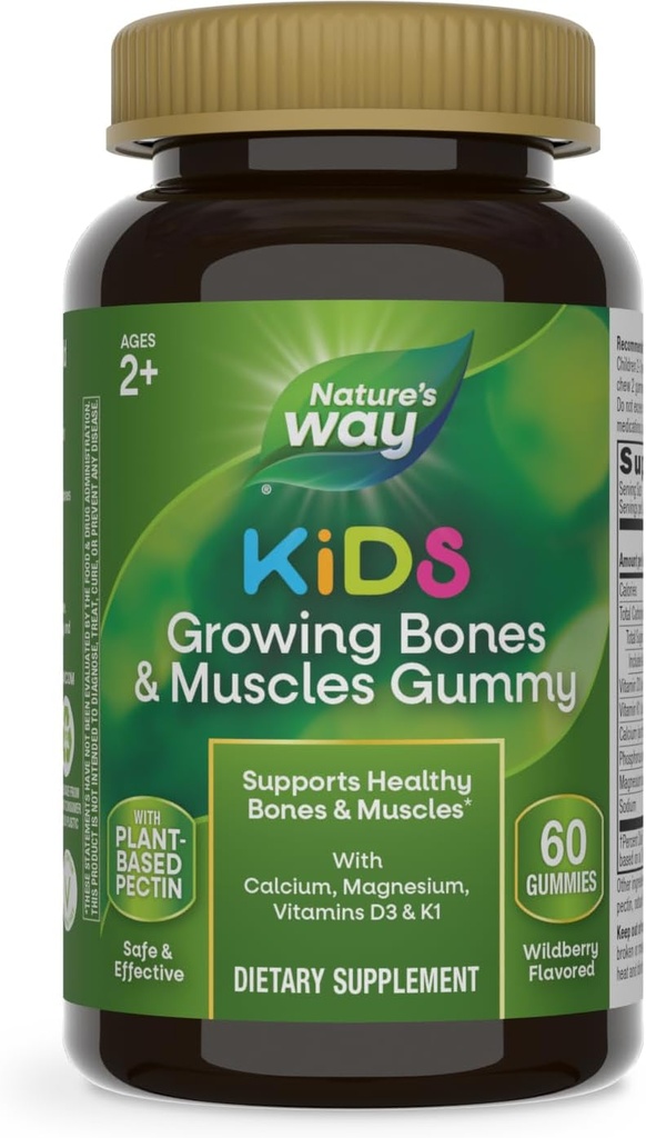 Nature's Way Kids Frowing Bones & Musles Gummies, Υποστηρίζει υγιή οστά & μύες*, ασβέστιο, μαγνήσιο, βιταμίνες D3 & K1, Ηλικίες 2+, Wildberry Γεύση, 60 Gummies (Packaging May Vary)